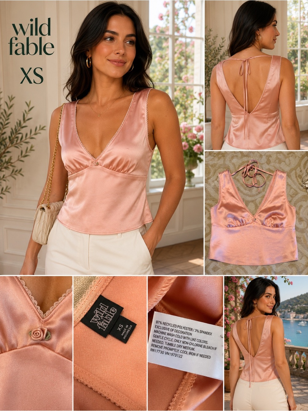 Wild Fable XS Peach Satin Tie Back Sleeveless V-Neck Cami Top - Picture 2 of 11